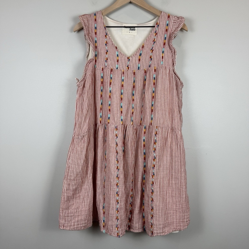 Savanna Jane Mini Dress L Pinstripe Embroider Babydoll Flutter Sleeve Bohemian